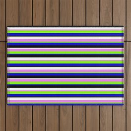 [ Thumbnail: Vibrant Violet, Chartreuse, Blue, Black & White Colored Stripes/Lines Pattern Outdoor Rug ]