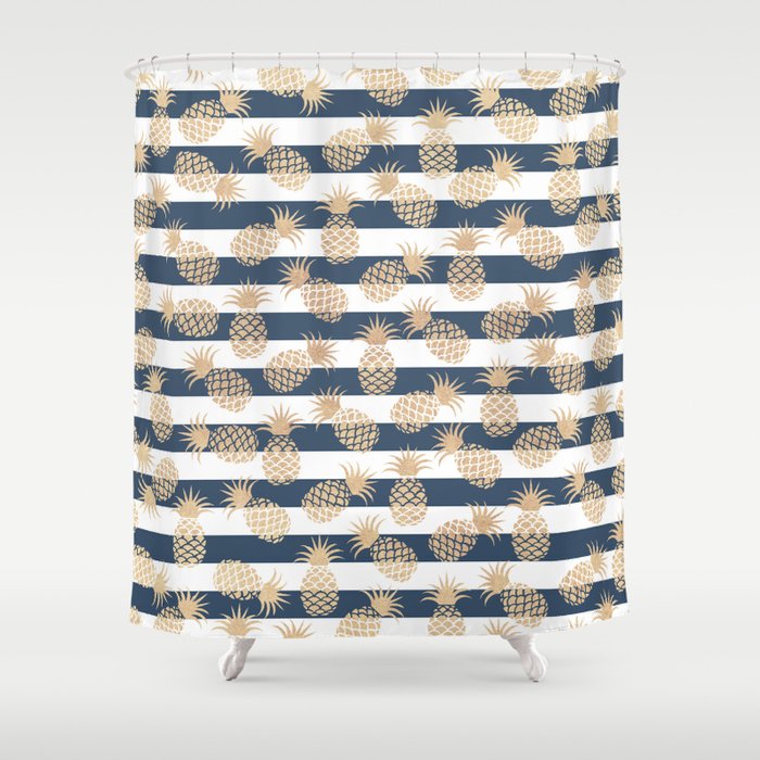 Blush Beige Pineapple Shower Curtain, Blue Beige White Shower Curtain