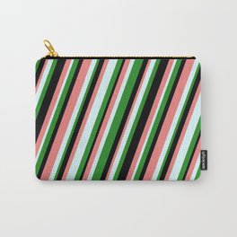 [ Thumbnail: Forest Green, Black, Light Coral & Light Cyan Colored Stripes/Lines Pattern Carry-All Pouch ]