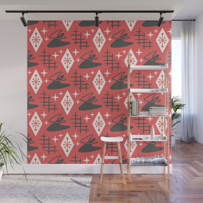 Mid Century Modern Space Age Boomerang Pattern 377 Gray and Red Wall