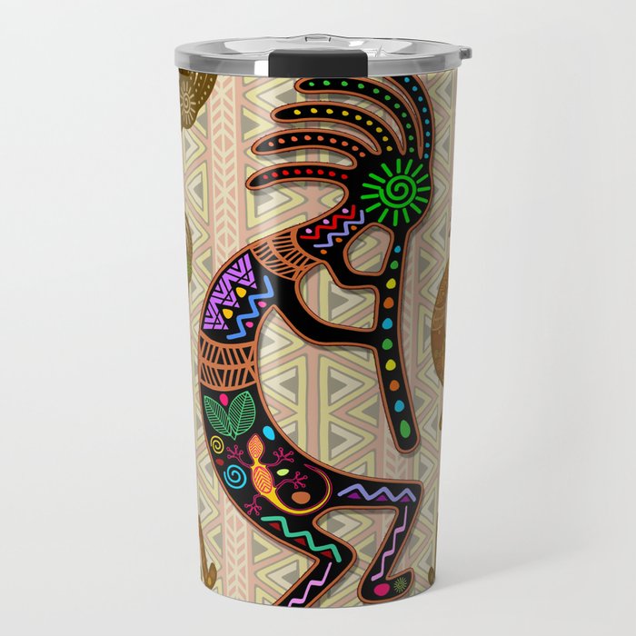Kokopelli Rainbow Colors on Tribal Pattern Travel Mug by bluedarkatlem