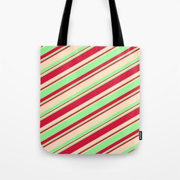 [ Thumbnail: Bisque, Green, and Crimson Colored Striped/Lined Pattern Tote Bag ]