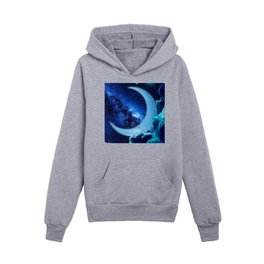 Birds Flying over a Blue Crescent Moon Kids Pullover Hoodies