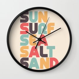Sun Surf Sea Salt Sand Typography - Retro Rainbow Wall Clock | Surf, Sea, Sand, Colorful, 70S, Adventure, Salt, Waves, Curated, Retro 