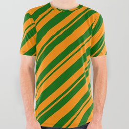 [ Thumbnail: Dark Orange and Dark Green Colored Striped/Lined Pattern All Over Graphic Tee ]