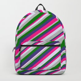 [ Thumbnail: Eye-catching Dark Slate Blue, Deep Pink, Lavender, Grey, and Green Colored Striped/Lined Pattern Backpack ]