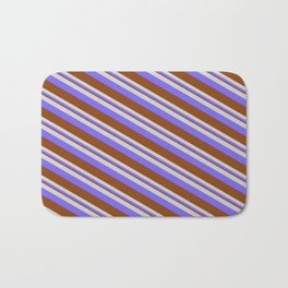 [ Thumbnail: Light Gray, Medium Slate Blue & Brown Colored Pattern of Stripes Bath Mat ]