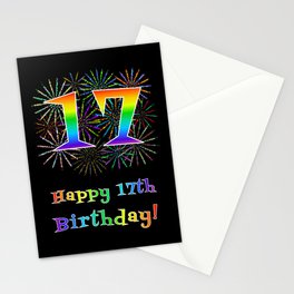 [ Thumbnail: 17th Birthday - Fun Rainbow Spectrum Gradient Pattern Text, Bursting Fireworks Inspired Background Stationery Cards ]