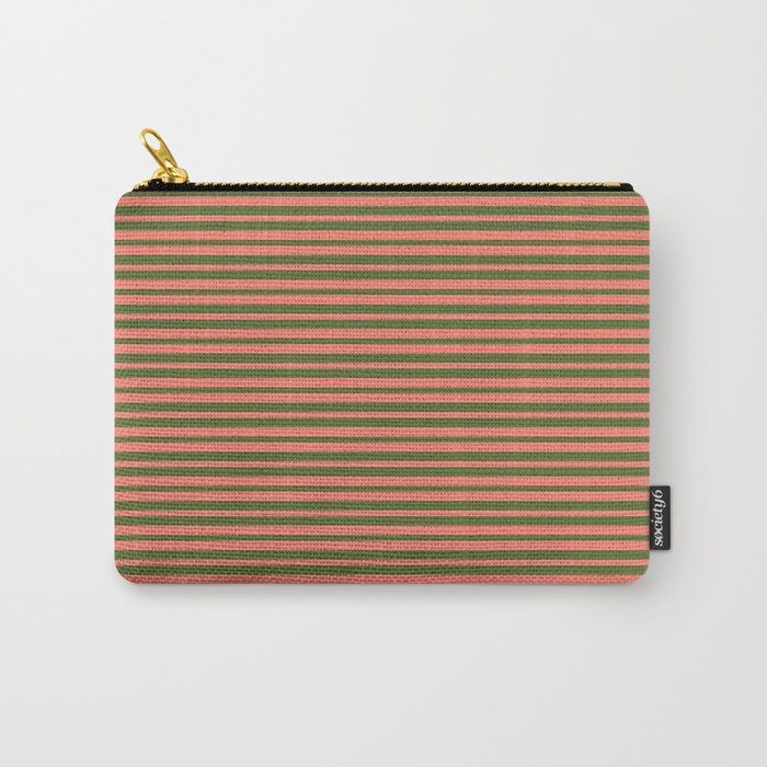 Salmon and Dark Olive Green Colored Striped Pattern Carry-All Pouch