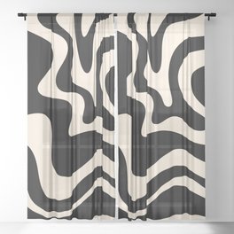 Retro Liquid Swirl Abstract Pattern 3 in Black and Almond Cream Sheer Curtain