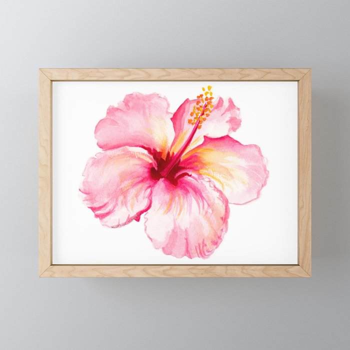 Watercolor Pink Hibiscus Flowers Framed Mini Art Print