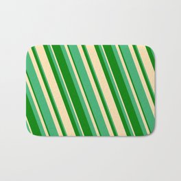 [ Thumbnail: Sea Green, Green & Beige Colored Striped/Lined Pattern Bath Mat ]