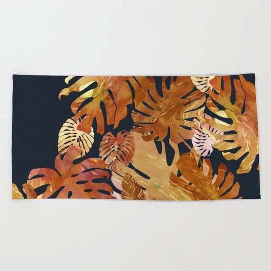 Hot Tropical Leaves at Night Beach Towel