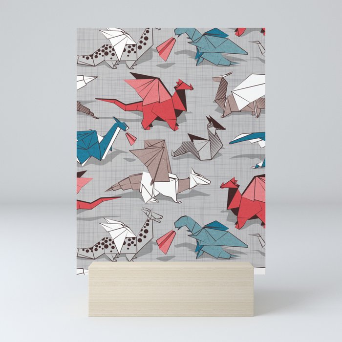 Origami dragon friends // linen texture background blue red grey and taupe fantastic creatures Mini Art Print