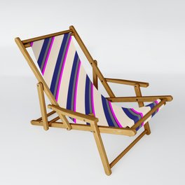 [ Thumbnail: Colorful Fuchsia, Beige, Midnight Blue, Dim Gray & Black Colored Lines/Stripes Pattern Sling Chair ]
