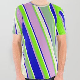 [ Thumbnail: Vibrant Blue, Beige, Green, Dark Sea Green, and Plum Colored Pattern of Stripes All Over Graphic Tee ]