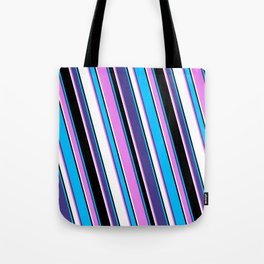 [ Thumbnail: Deep Sky Blue, Dark Slate Blue, Violet, White & Black Colored Lines/Stripes Pattern Tote Bag ]