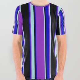 [ Thumbnail: Dark Orchid, Turquoise, Black, and Blue Colored Striped/Lined Pattern All Over Graphic Tee ]