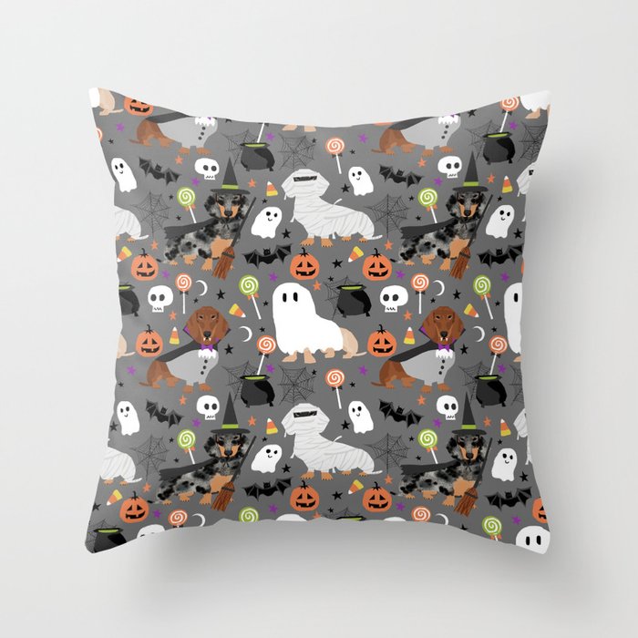 Dachshund dog breed halloween cute pattern doxie dachsie dog costumes Throw Pillow