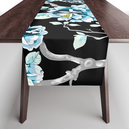 Spring Flowers Pattern Blue on Black Table Runner