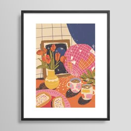 Disco night Framed Art Print | Bouquet, Ball, Coffee, Curated, Tulips, Flowers, Pink, Night, Table, Drawing 