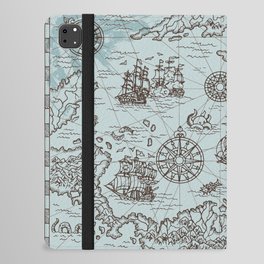 Old map of the Caribbean Sea with pirate ships, treasure islands, fantasy creatures. Pirate adventures, treasure hunt and old transportation concept. Hand drawn vintage illustration, vintage background iPad Folio Case