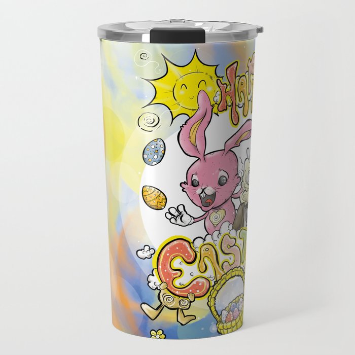 HAPPY EASTER with Cartoony Old Man Joe & the CUTEST Easter Bunny EVER Hand Drawn One of a Kind Art Travel Mug
