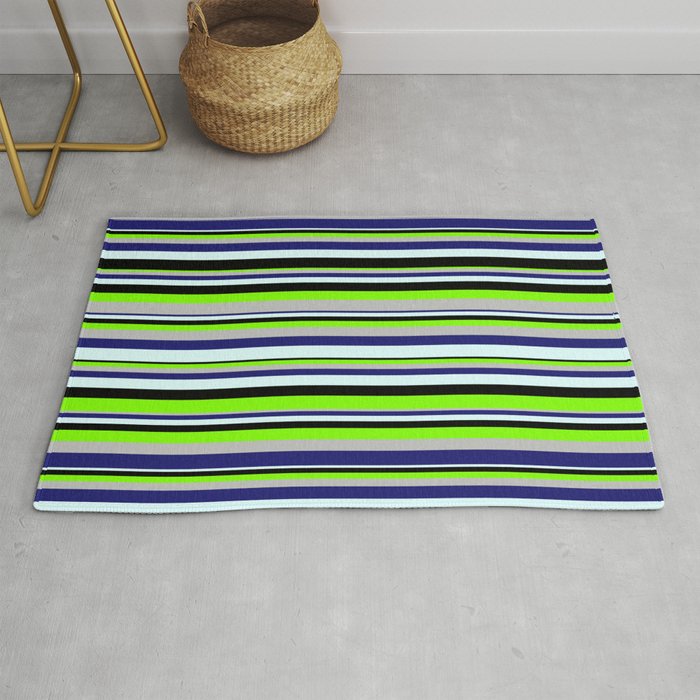 Vibrant Chartreuse, Grey, Midnight Blue, Light Cyan & Black Colored Lined/Striped Pattern Rug