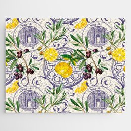 Mediterranean,Tuscan style,lemons,olives pattern  Jigsaw Puzzle