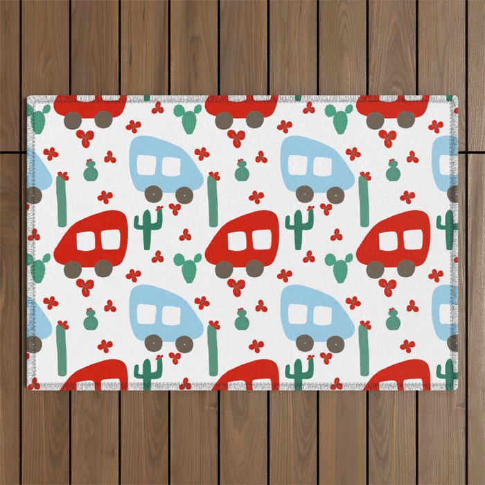 Camper Vans in Red and Blue with Green Cactus and Red Flowers Outdoor Rug