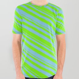 [ Thumbnail: Green & Sky Blue Colored Striped Pattern All Over Graphic Tee ]