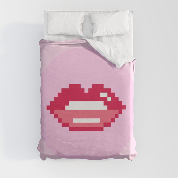 Retro pink 8-bit pixels lips Duvet Cover