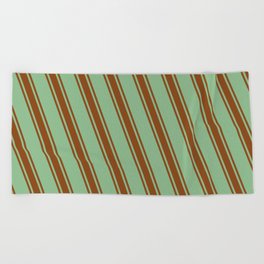 [ Thumbnail: Dark Sea Green and Brown Colored Pattern of Stripes Beach Towel ]
