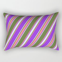 [ Thumbnail: Dark Olive Green, Light Coral, Purple & Lavender Colored Stripes/Lines Pattern Rectangular Pillow ]