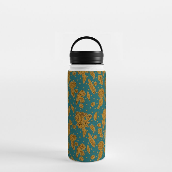 Wildflowers Silhouettes and Dots - Teal, Brown and Black Water Bottle