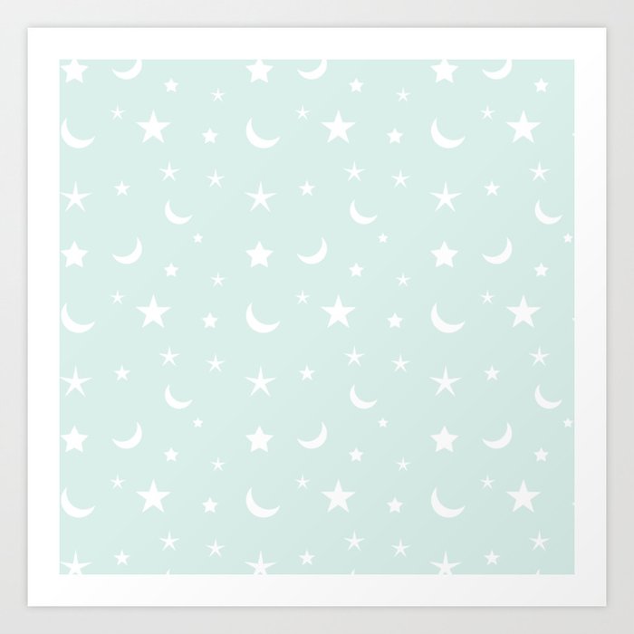 White Moon And Star Pattern On Baby Blue Background Art Print By