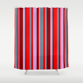 [ Thumbnail: Plum, Slate Gray, Maroon, and Red Colored Lines Pattern Shower Curtain ]