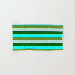 [ Thumbnail: Cyan, Green, Powder Blue & Dark Green Colored Stripes Pattern Hand & Bath Towel ]