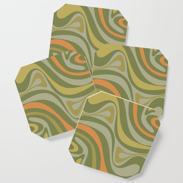 New Groove Retro Swirl Abstract Pattern in Midcentury Olive Green Orange Celadon Coaster