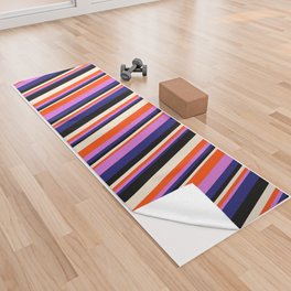 [ Thumbnail: Vibrant Midnight Blue, Orchid, Red, Beige & Black Colored Striped/Lined Pattern Yoga Towel ]