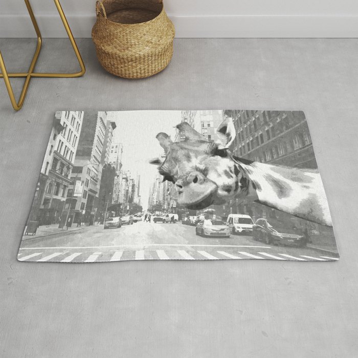 Black and White Selfie Giraffe in NYC Rug