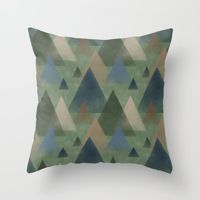 Abstract Misty Mountains, Pine, Slate Blue, Tan and Beige Throw Pillow