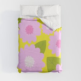 Cheerful Summer Pink Flowers On Bright Yellow Duvet Cover