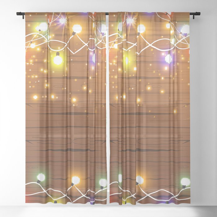 Christmas and New Year design: wooden background with Christmas lights of garland. Vintage illustration, Set of glowing christmas lights. Wooden background.  Sheer Curtain