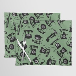Black Vintage Rotary Dial Telephone Pattern on Antique Green Placemat