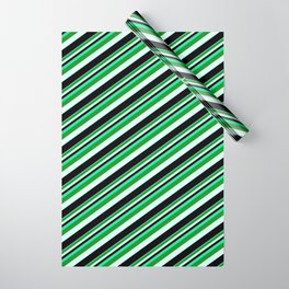 [ Thumbnail: Green, Forest Green, Light Cyan & Black Colored Lines/Stripes Pattern Wrapping Paper ]