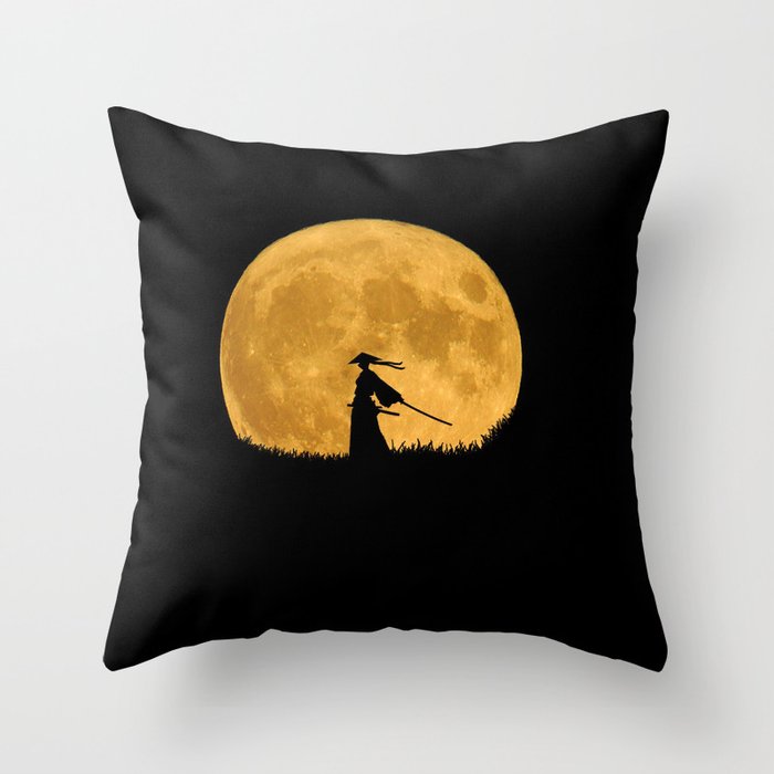 full Moon, black Samurai with katana  Throw Pillow