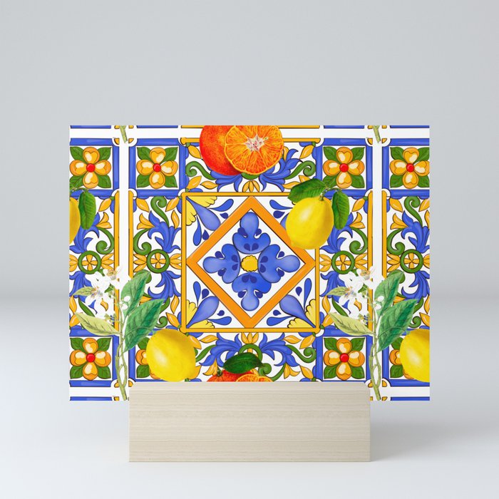 Summer ,Sicilian tiles ,citrus,oranges,majolica,lemons ,Mediterranean  Mini Art Print