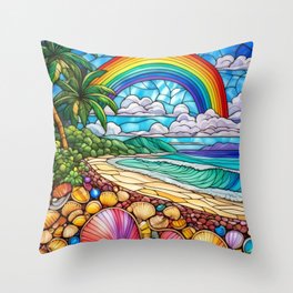 Rainbow seashell tropical beach stained glass art Throw Pillow