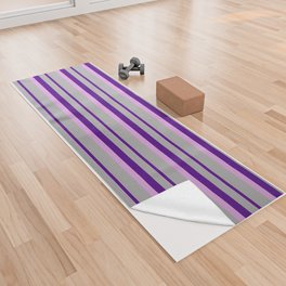 [ Thumbnail: Dark Grey, Indigo, and Plum Colored Lined/Striped Pattern Yoga Towel ]